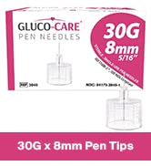 GLUCO-CARE Pen Tips 30G x 8mm, Universal Fit, 100/bx, Sterile, Comfort