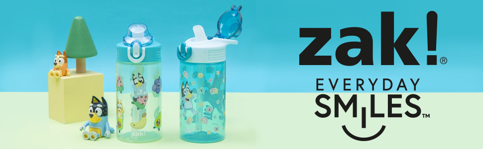 Two Bluey plastic water bottles for kids, one with open cover showing silicone spout, with toys