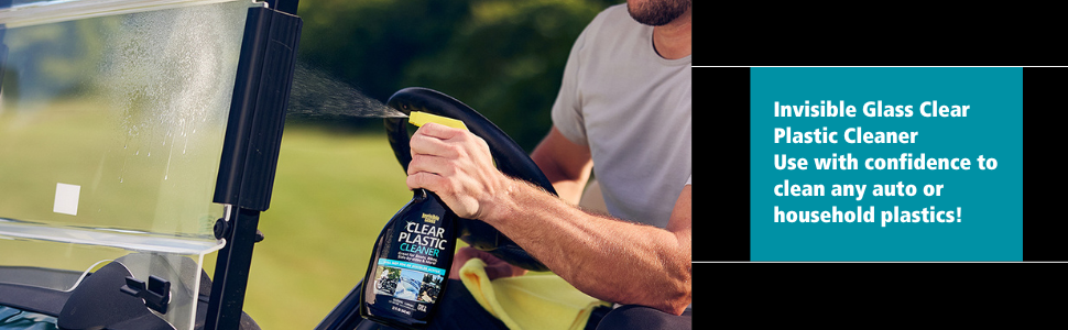 Invisible Glass Cleaner Plastic Cleaner cleaning a golf cart windshield
