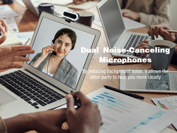 Svcouok W4 webcam Dual mics cut noise for clear office calls. Webcam captures focused video