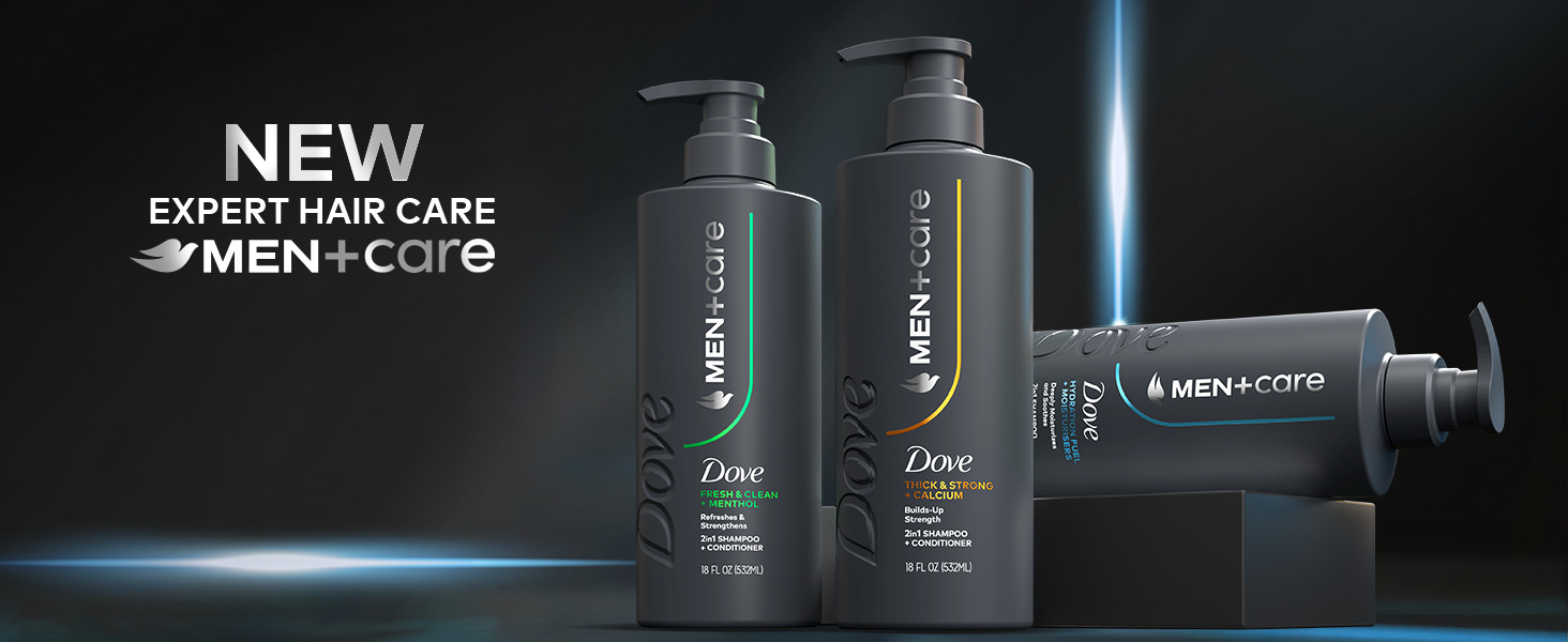 Dove Men Care: sleek gray bottles, modern pumps, dark background. Expert hair care innovation.