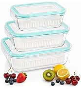 HestiaSnax 3 Pack Glass Fruit Storage Containers for Fridge, Glass Food Storage Containers with R...
