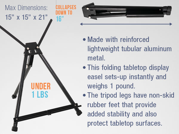 Lightweight aluminum folding tabletop easel, 15x15x21 in, collapses to 16 in, under 1 lb weight