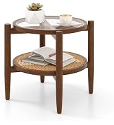 Giantex Rattan Round End Table, Walnut Boho Nightstand with Tempered Glass Top and Acacia Wood Le...