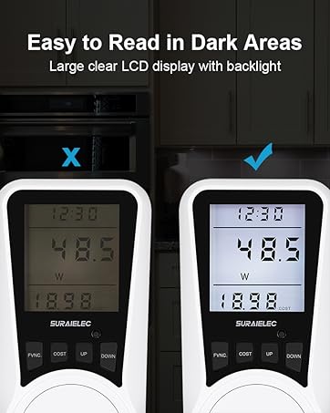 Watt Meter Plug-in Socket Power Meter Auto Cost Calculator Backlit Large Display