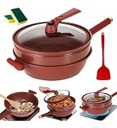 Qivine Non-Stick Clay Wok,12.6 Inch Pottery Clay Frying Pan Multifunctional Cooking Pan with Stea...