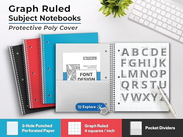 graphing paper notebook (black, red, blue) 4x4 quad ruled 4 x 4 grid square per inch 1/4 graphic