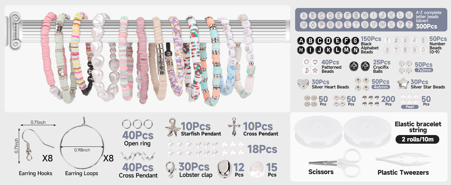 The various bead accessories included in the beading kit are basically silver, pearl and white.