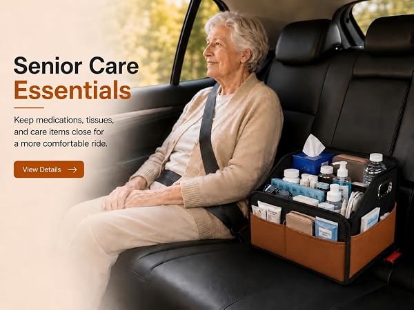 Senior care car organizer with medication, tissue, bottle, and backseat storage pockets.
