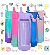 CHILLOUT LIFE 17 oz Kids Insulated Water Bottle with Straw Lid Leakproof and Cute Waterproof Stic...
