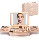 EASYINBEAUTY Travel Makeup Case with Lighted Mirror, Rechargeable LED Makeup Mirror Travel Case,Pink