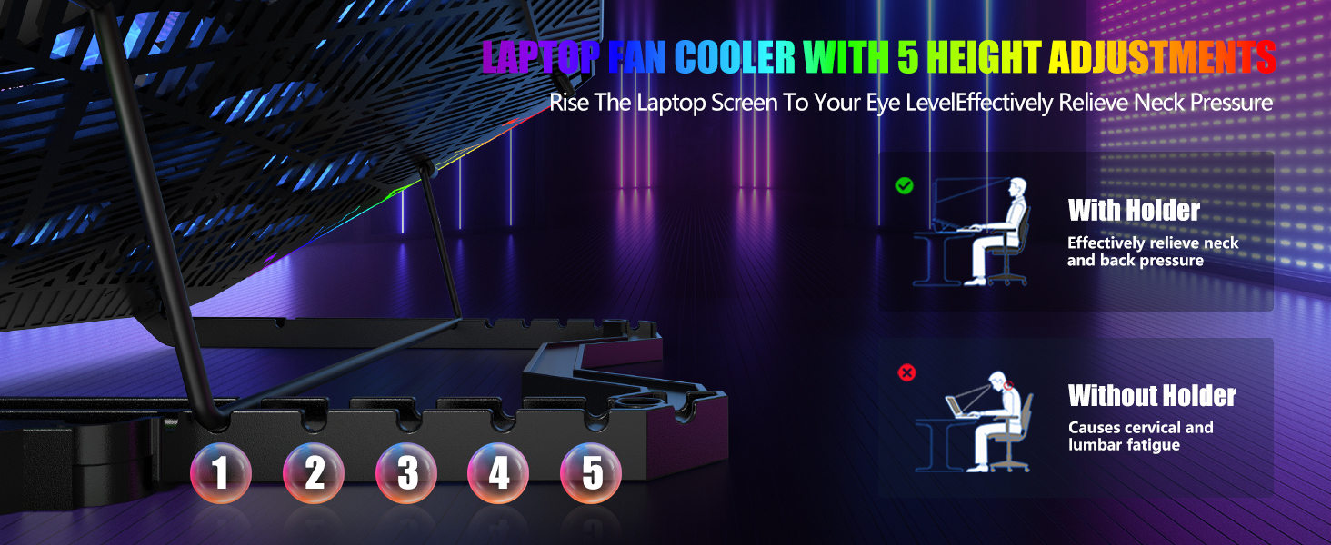 Text reads 'COOLED WITH 5 DEGREE ADJUSTMENTS'. Purple and blue lit gaming or entertainment space with silhouette icons showing height adjustable features.