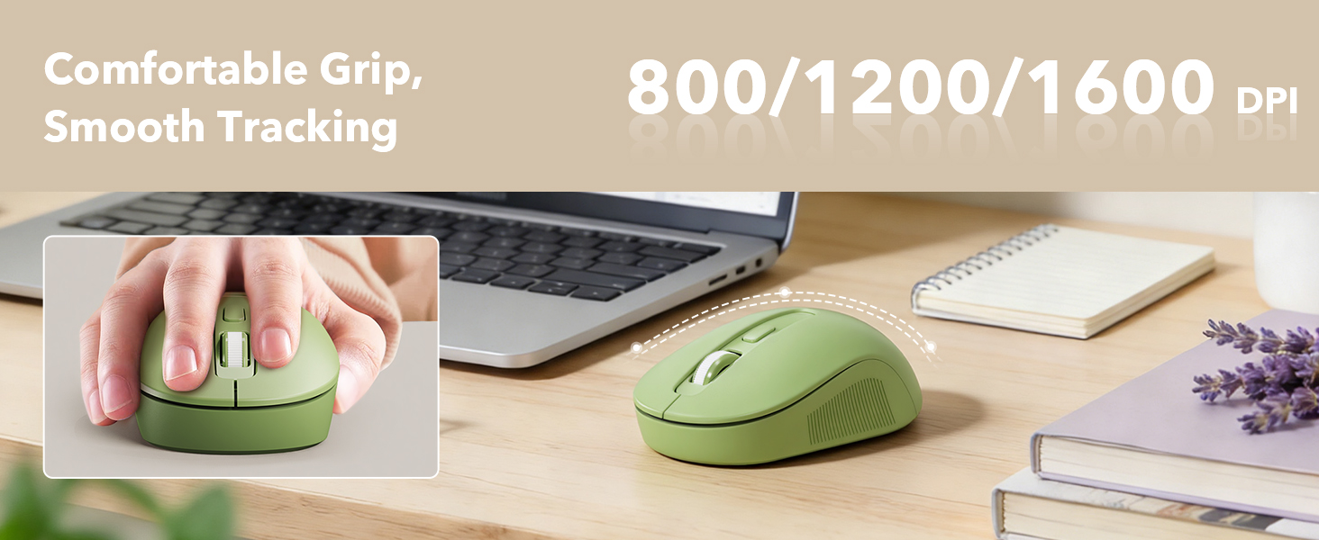 Green ergonomic mouse on desk with smooth tracking and adjustable DPI settings