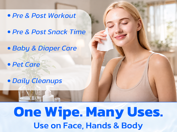 One Wipe. Many Uses. Use on Face, Hands & Body