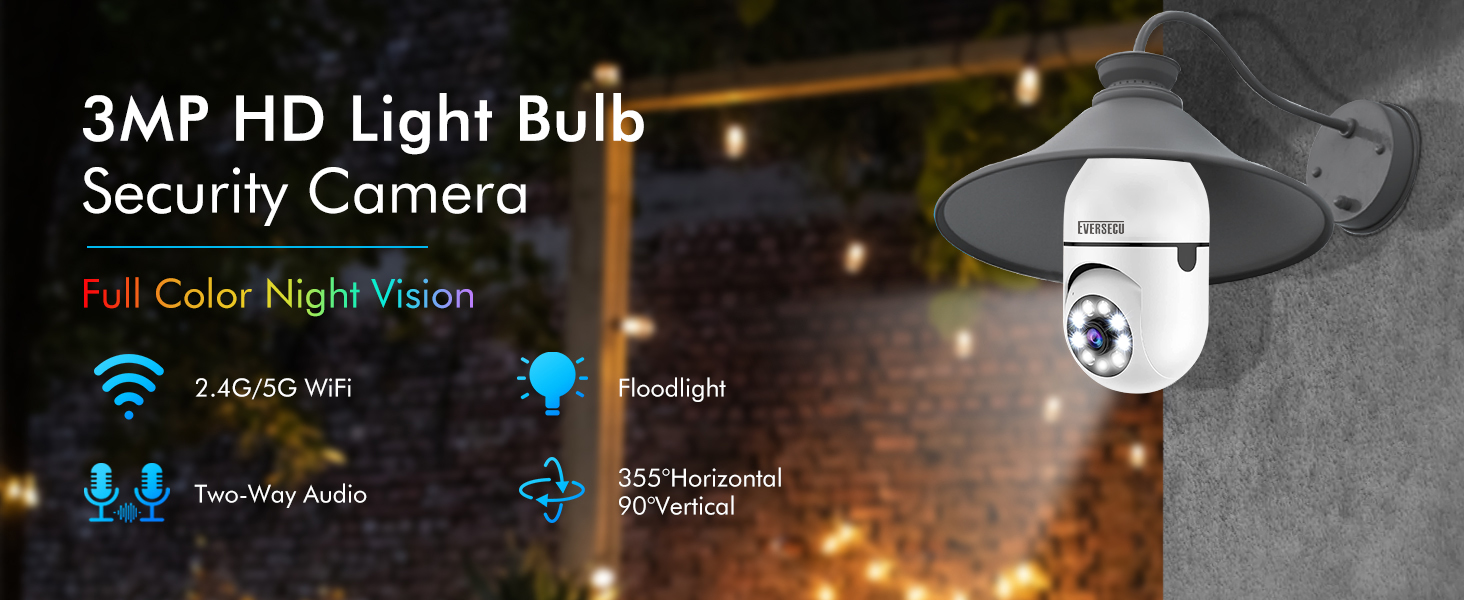 2K Light Bulb Wireless Security Camera 5Ghz WiFi Outdoor Indoor RTSP Stream Work with Alexa Onvif