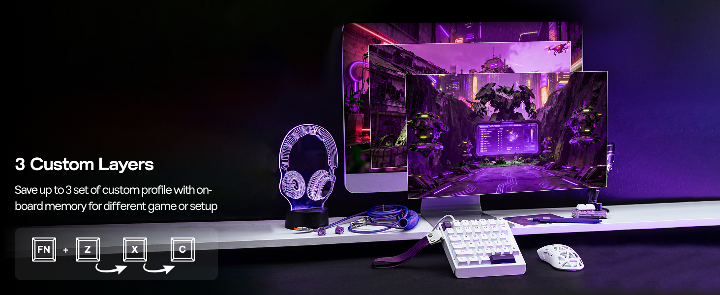 Text reads: '3 Custom Layers'. Gaming setup with purple LED lighting, featuring monitor, headphones, keyboard and mouse against dark background.