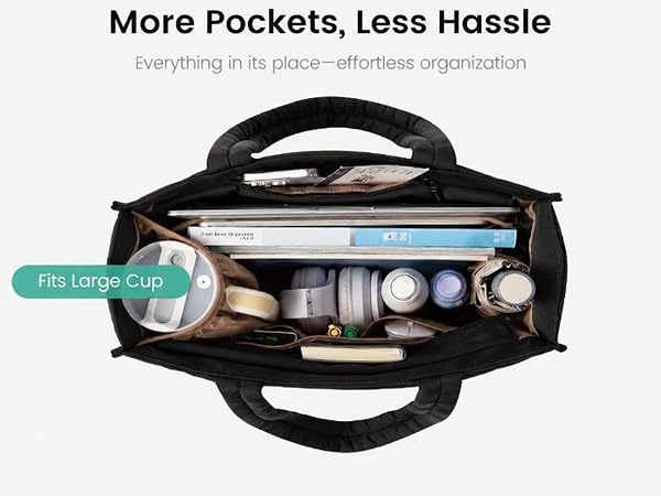 Multiple zip pockets and large cup slot keep everything organized inside this spacious tote bag