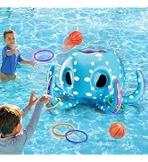 Funscape Octopus Pool Toys, 2-in-1 Inflatable Floating Pool Game, Basketball Hoop & Ring Toss Wat...