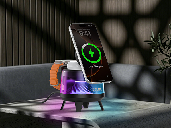 Wireless charger with colorful ambient light, stylish multi-device charging for living room