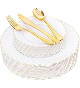 YOUBET 125PCS White Plastic Plates with Gold Rim, Gold Plates Disposable with Gold Silverware Inc...