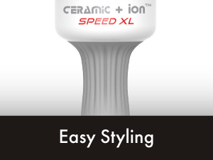 Image of close up of brush handle with text reading easy styling.