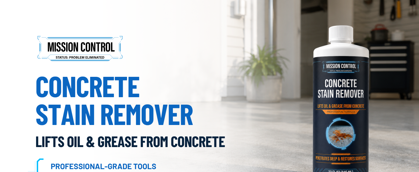Concrete stain remover lifts oil and grease from porous concrete garage and driveway surfaces