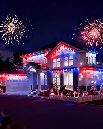 Illuminated house decorated with red and blue neon lights and fireworks exploding above it at night against dark sky.