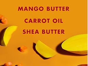 Carrots and mango pieces on an orange background with text.