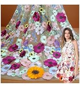 Primst 51.2" Width Flower Colorful Embroidered Lace Trim 3D Appliqué Embroidery Lace Fabric for D...