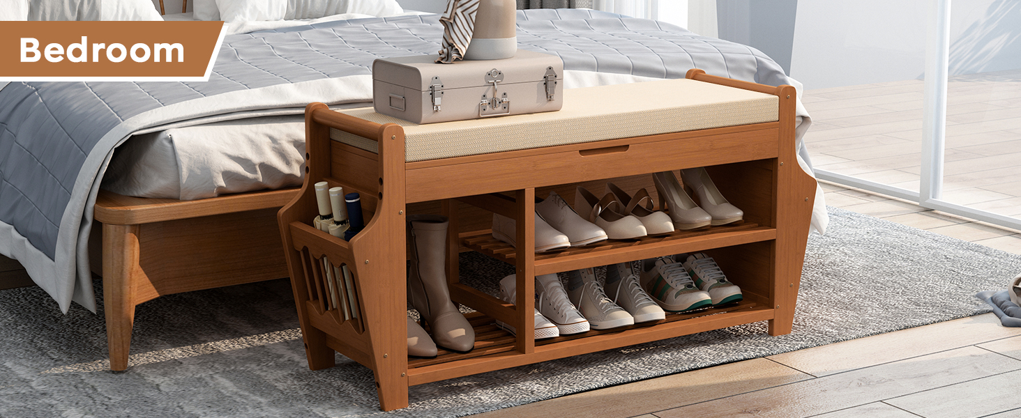 Shoe Bench with 2 Side Holder, 3 Tier Bamboo Entryway Bench with Storage