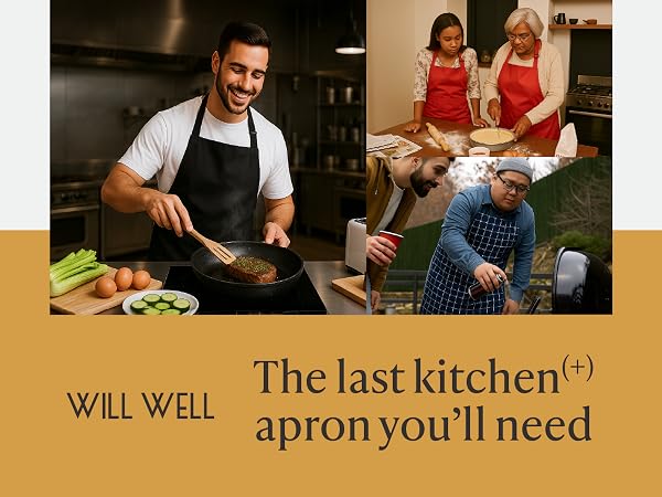 family and single man cooking wearing the Will Well kitchen aprons