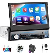 Single Din Car Radio with Carplay & Android Auto,7 Inch Manual Flip Out Screen Car Stereo with Bl...