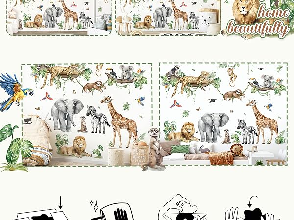 Decorative wall decals featuring various safari animals including elephants, lions, giraffes, and zebras. Colorful jungle-themed designs with birds and foliage for children's room decoration.