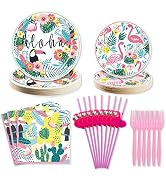 Hawaiian Luau Party Decorations Plates and Napkins Set - Flamingo Party Plates Napkins with Straw...