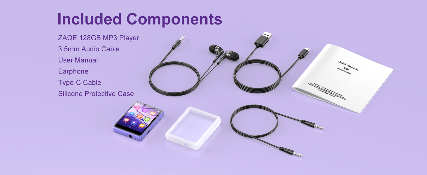 Components of ZAGE 128GB MP3 player: device with color screen, earphones, cables, manual, and silicone case. Includes Type-C and 3.5mm audio cables.