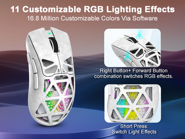 RGB gaming mouse with 11 lighting effects and 16.8 million customizable colors.