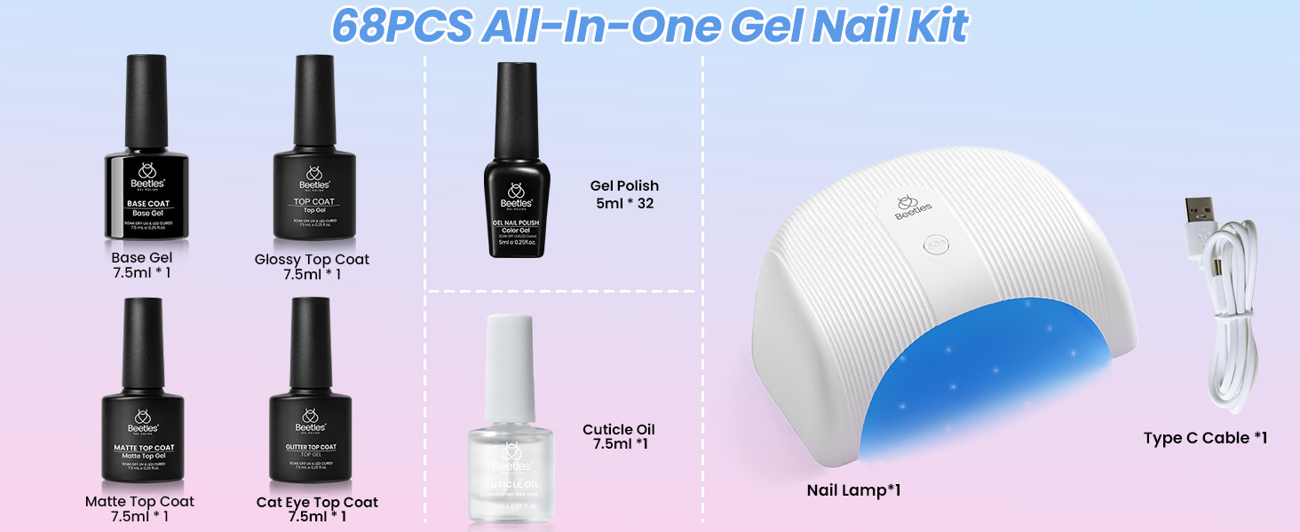Beetles Gel Nail Polish Kit with U V Light - 32 Colors Gel Polish and Cat Eye Top Coat 68 Pcs