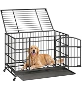 HOOBRO 48.4" Heavy Duty Dog Crate, Indestructible Dog Crates for Large Dogs, Dog Kennel with 2 Do...
