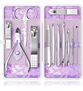 ZIZZON Nail Clippers Kit Manicure Pedicure Set with Holographic Case(Purple)