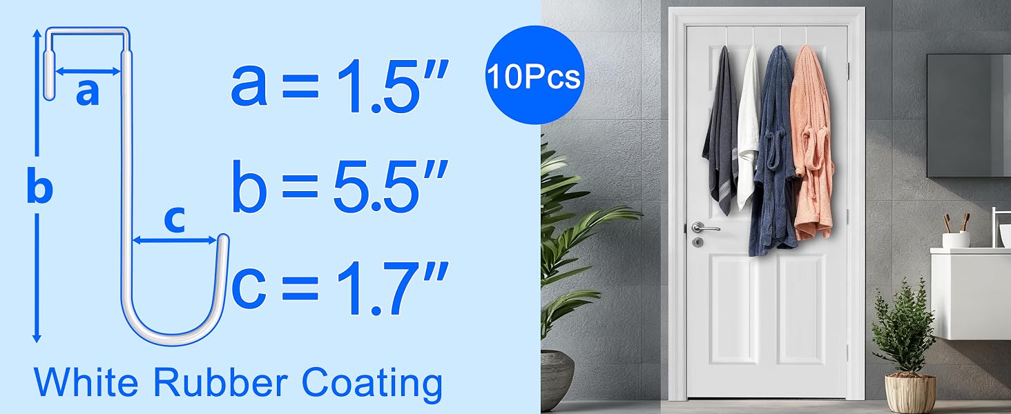Two bath towels and two bathrobes hang from four hooks on bathroom door with hook size