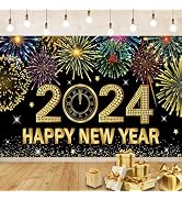 Happy New Year Banner, New Years Eve Decorations 2024, Large Fabric Happy New Year Party Backdrop...