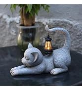JUMPHIGH Garden Cat Statue with Solar Lantern, Garden Sculpture Decor Animal Figurines Cute Cat f...