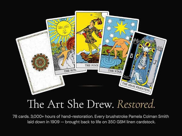Dionysus Classic Tarot 78 card deck hand restored Rider Waite Smith artwork on black display