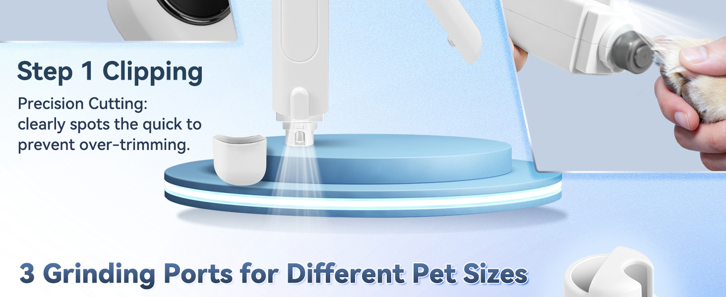 Electric pet nail grinder with 3 ports for small, medium, and large breed dogs.