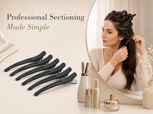 6 pack duckbill hair clips for sectioning, styling, cutting and coloring.