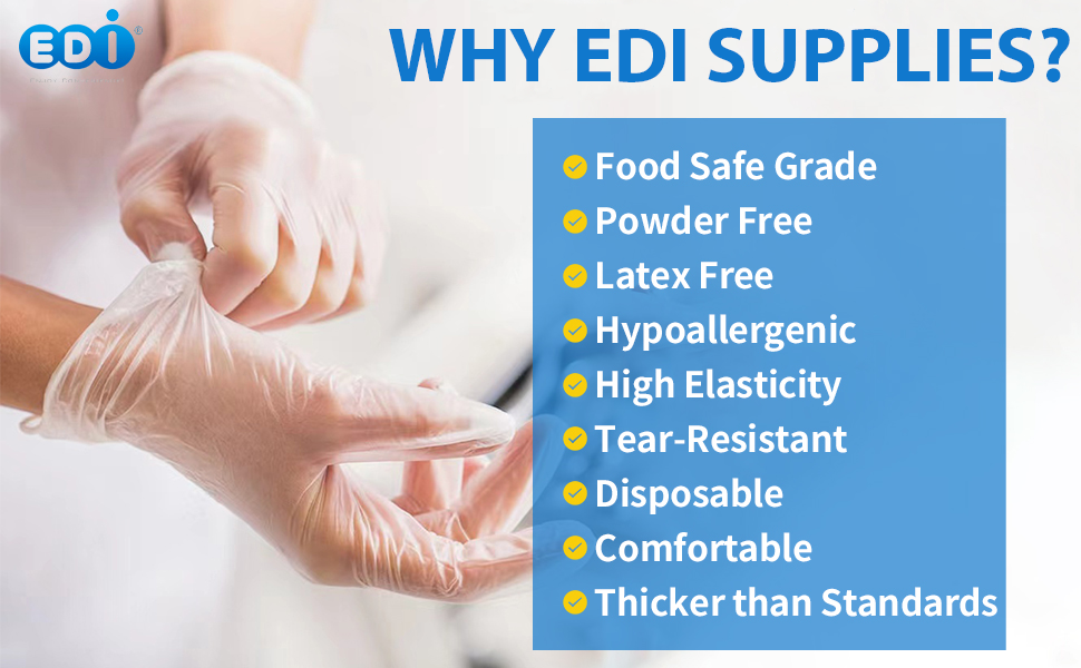 Food Safe, powder free, latex free, hypoallergenic, high elasticity, tear resistant, disposable