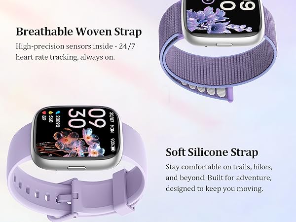 Text reads 'Breathable Woven Strap' and 'Soft Silicone Strap'. Two smartwatches with lilac-colored straps shown from different angles, highlighting band materials and digital display.