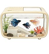 Desktop Fish Tank Aquarium, 3.17 Gal Modern Cream White Rectangular Fish Bowl with Built-in Climb...