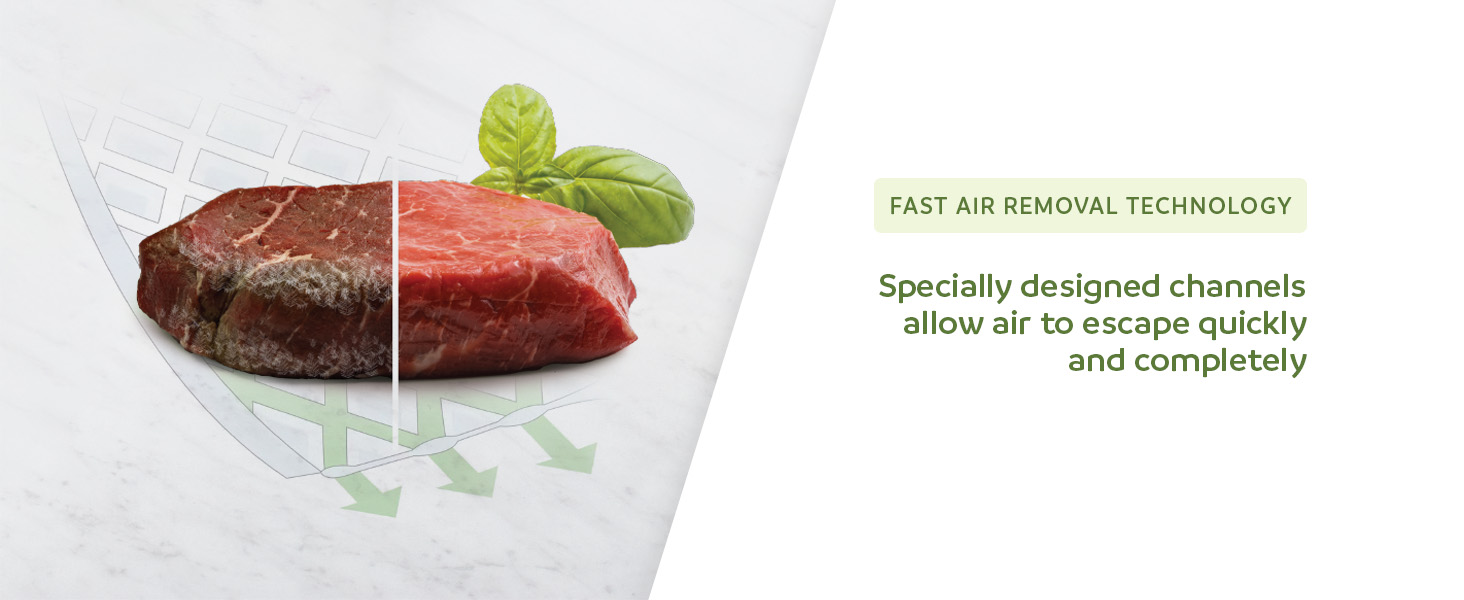 Half fresh and half spoiled meat with air removal text