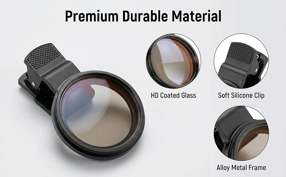 52mm clip-on CPL polarizing filter with black alloy frame and soft silicone phone clip